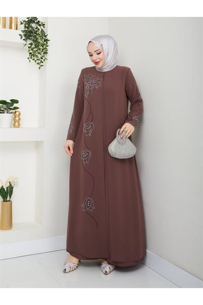 Büyük Beden Lale Taşlı Anne Elbisesi -sütlü Kahverengi En7008