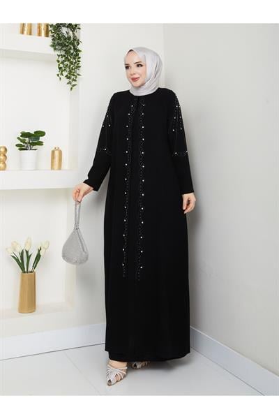 Büyük Beden Tam Boy Pelerinli Anne Elbisesi -siyah