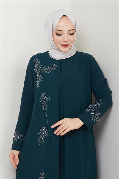 Büyük Beden Yaprak Taşlı Anne Elbisesi En7008