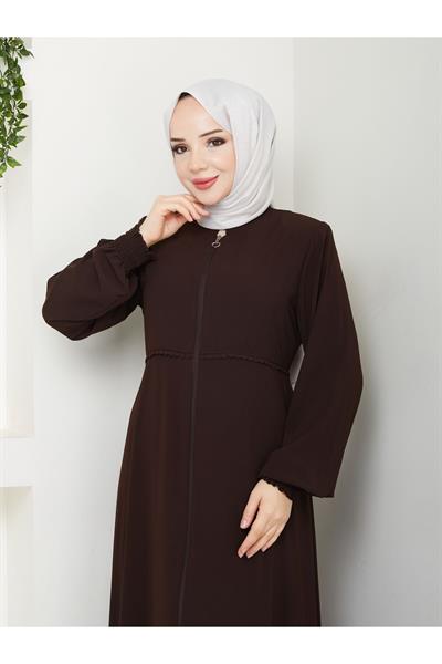Gündelik Hac Ve Umrelik Mevlana Ortası Işlemeli Ferace -Kahverengi