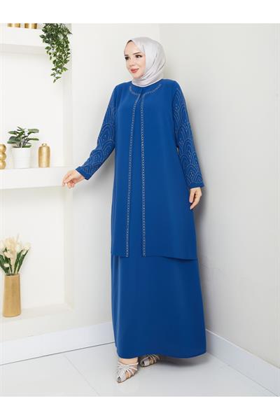 Kolları Taşlı Büyük Beden Anne Elbisesi