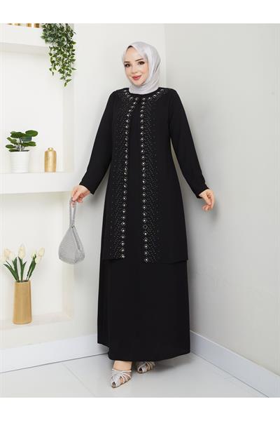 Papatya Taşlı Büyük Beden Anne Elbisesi -siyah