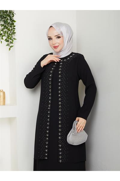 Papatya Taşlı Büyük Beden Anne Elbisesi -siyah