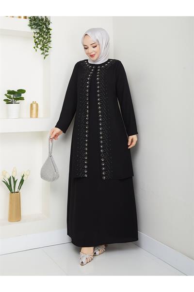 Papatya Taşlı Büyük Beden Anne Elbisesi -siyah