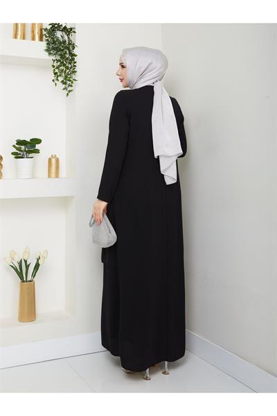 Papatya Taşlı Büyük Beden Anne Elbisesi -siyah