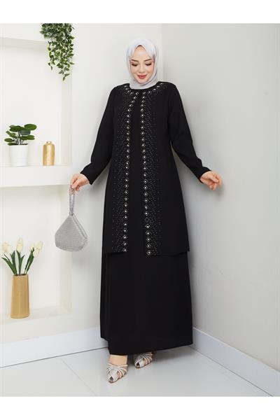 Papatya Taşlı Büyük Beden Anne Elbisesi -siyah