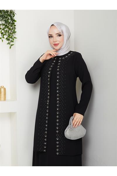 Papatya Taşlı Büyük Beden Anne Elbisesi -siyah