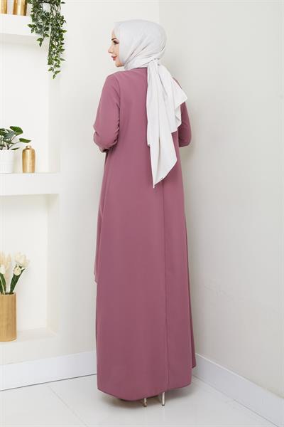 Serpme Taşlı Büyük Beden Anne Elbisesi -pembe
