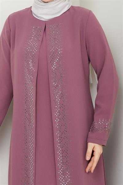 Serpme Taşlı Büyük Beden Anne Elbisesi -pembe