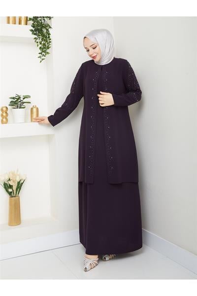 Yelpaze Taşlı Büyük Beden Anne Elbisesi