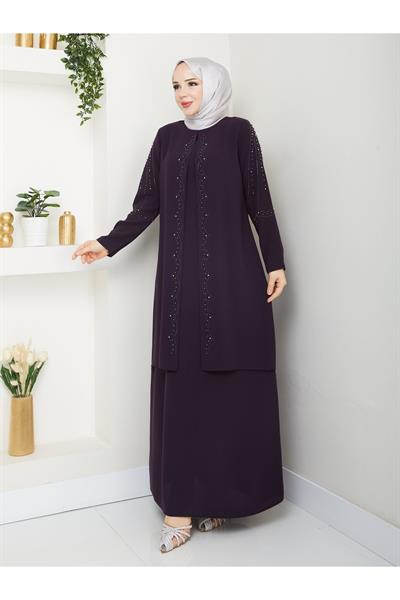 Yelpaze Taşlı Büyük Beden Anne Elbisesi