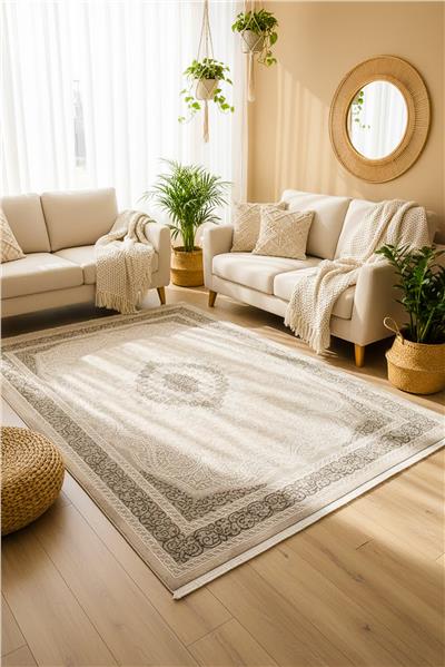 Antrasit Klasik Göbekli Lazer Kesim Çerçeveli Cashmira Halı