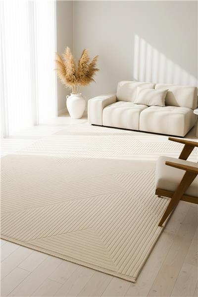 Bej Cashmira Geometrik Kabartma Desenli Modern Halı