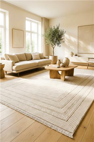 Bej Çerçeveli Yumuşak Dokulu Modern Cashmira Halı