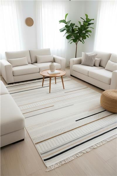 Bej Çizgi Desenli Modern İskandinav Halı