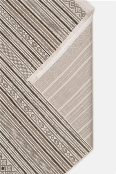 Bej Etnik Çizgili Saten Bambu Halı