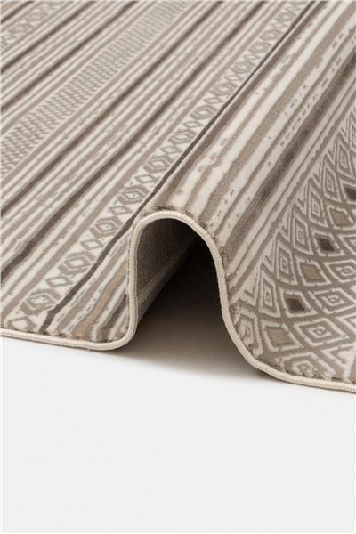 Bej Etnik Çizgili Saten Bambu Halı