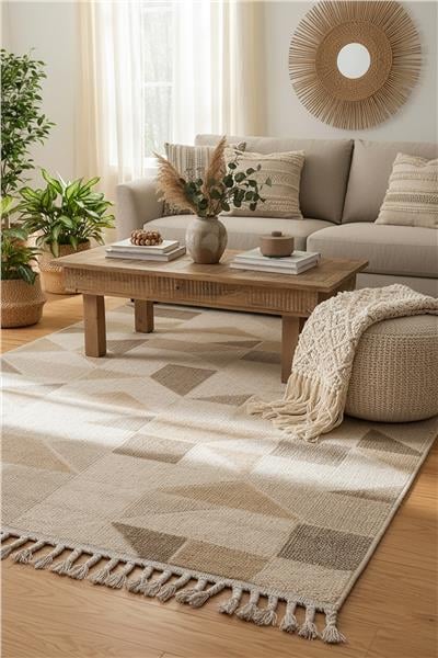 Bej Örgü Desen Kesme Pera Bukle Halı