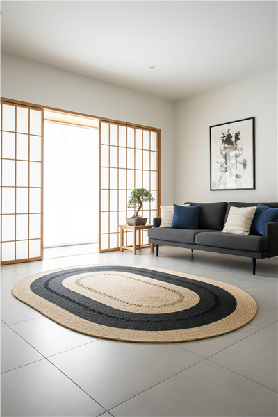 Bej-Siyah Noir Oval Çift Taraflı Jüt Halı