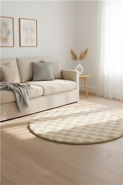 Buble Bej Saggy Makinede Yıkanabilir Yuvarlak Peluş Post Halı