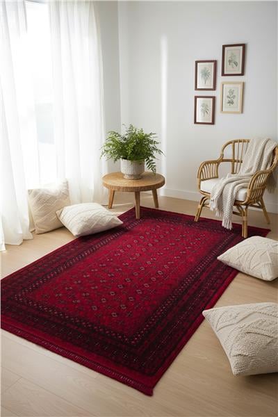 Buhara Kırmızı Bohem Kaymaz Tabanlı Afgan Halısı