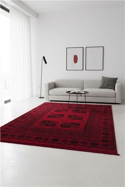 Buhara Kırmızı Bohem Kaymaz Tabanlı Afgan Halısı