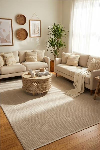 Cashmira Bej Etnik Desen Kaymaz Tabanlı Antibakteriyel Bohem Halı