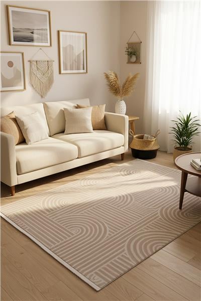 Cashmira Bej Etnik Desen Kaymaz Tabanlı Antibakteriyel Bohem Halı