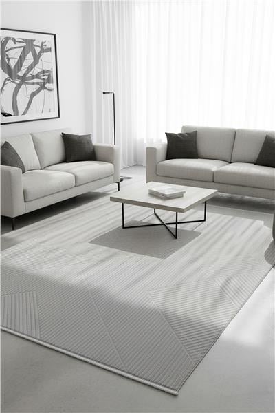 Cashmira Gri Geometrik Desen Kaymaz Tabanlı Antibakteriyel Halı