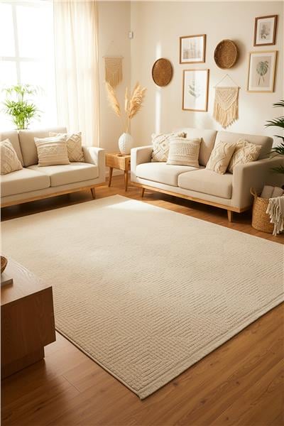 Deco Bej Dokulu Çizgi Desenli Antibakteriyel Bohem Halı