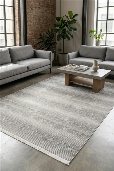 Ekru-Gri Soren Kabartmalı Çizgisel Kaymaz Taban Saten Bambu Halı