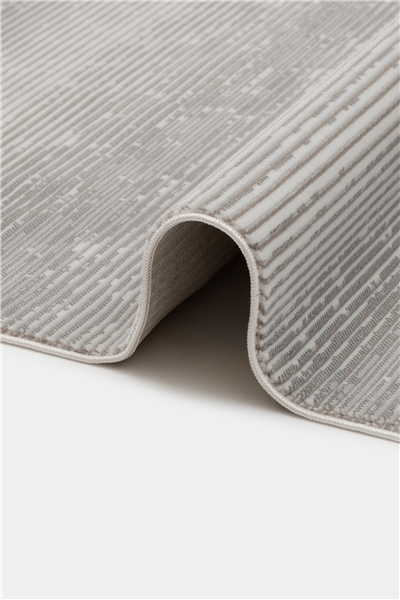 Ekru-Gri Soren Kabartmalı Çizgisel Kaymaz Taban Saten Bambu Halı