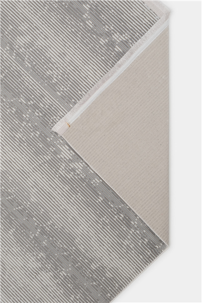 Ekru-Gri Soren Kabartmalı Çizgisel Kaymaz Taban Saten Bambu Halı