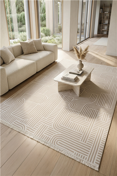Ekru-Vizon Liora Kabartmalı Geometrik Desen Kaymaz Taban Saten Bambu Halı