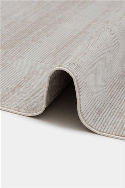 Ekru-Vizon Velar Kabartmalı Patchwork Desenli Kaymaz Taban Saten Bambu Halı