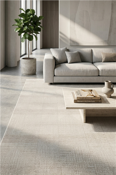 Ekru-Vizon Velar Kabartmalı Patchwork Desenli Kaymaz Taban Saten Bambu Halı