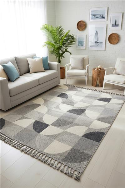 Gri Geometrik Desen İskandinav Salon Halısı