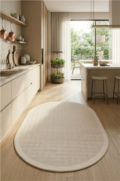 Krem Balıksırtı Dokumalı Oval Sisal Halı