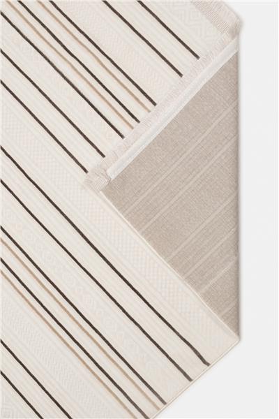 Krem Etnik Çizgili Saten Bambu Halı