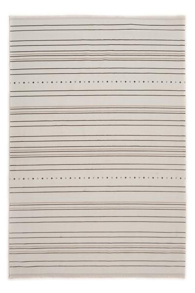 Krem Etnik Çizgili Saten Bambu Halı