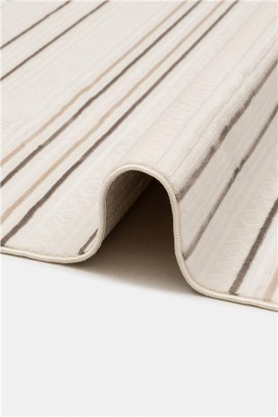 Krem Etnik Çizgili Saten Bambu Halı