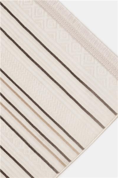 Krem Etnik Çizgili Saten Bambu Halı