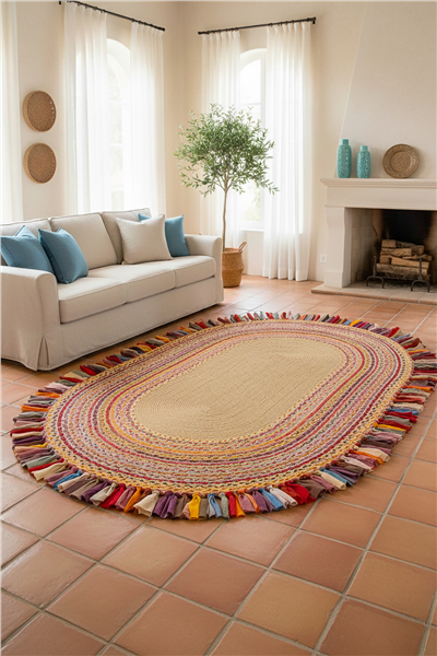 Natural Saçaklı Otantik Oval Çift Taraflı Jüt Halı 