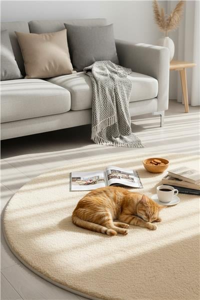 Peluş Bej Saggy Makinede Yıkanabilir Yumuşak Dokulu Yuvarlak Peluş Post Halı