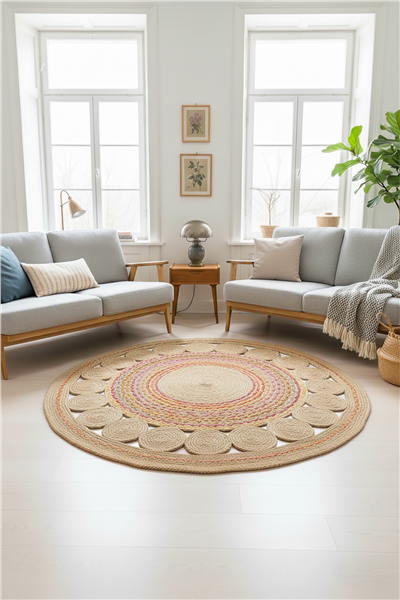 Renkli Rumi Yuvarlak Çift Taraflı Jüt Halı