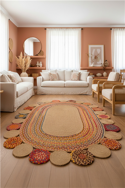 Renkli Sahara Çift Taraflı Oval Jüt Halı