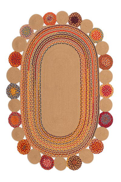 Renkli Sahara Çift Taraflı Oval Jüt Halı