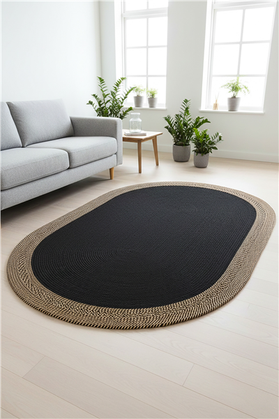 Siyah-Bej Aura Hasır Oval Çift Taraflı Jüt Halı
