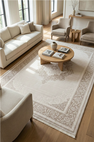 Vellora Liora Gri Klasik Madalyon Desen Akrilik Halı