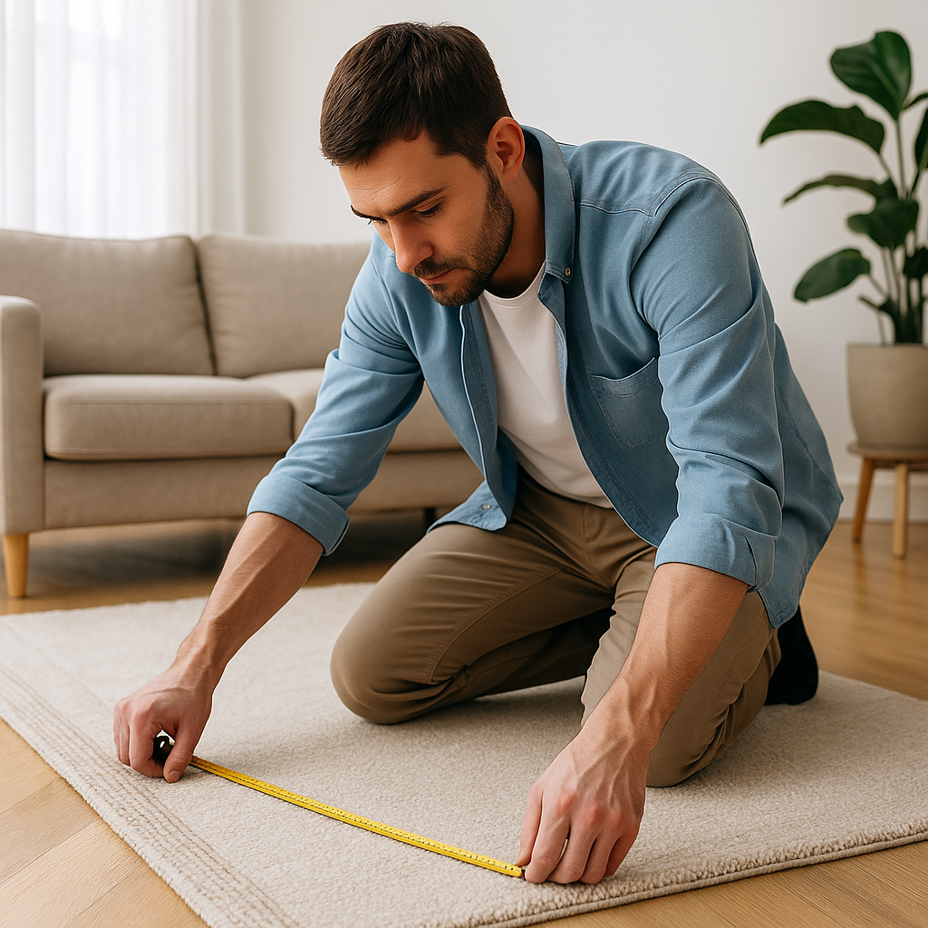 Man measuring a rug with a tape measure (size guide)